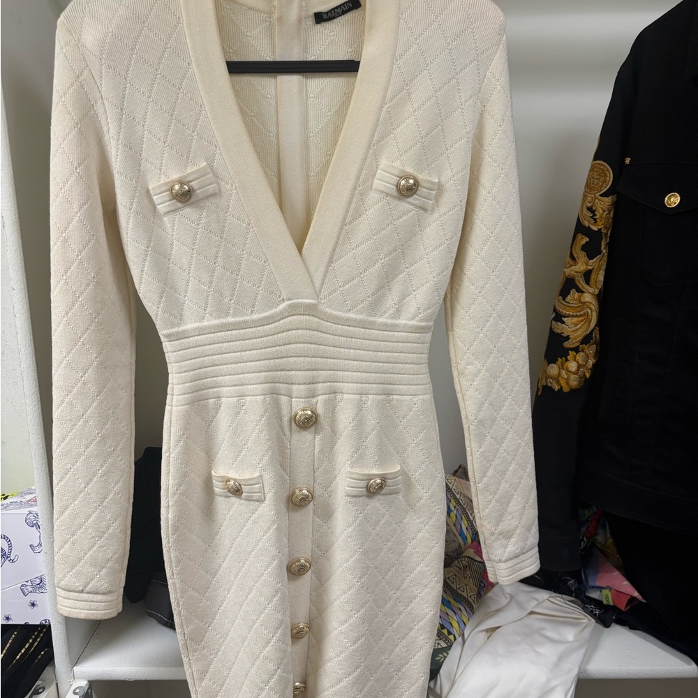 Balmain | Button Detail Long Sleeve Rib Sweater Dress